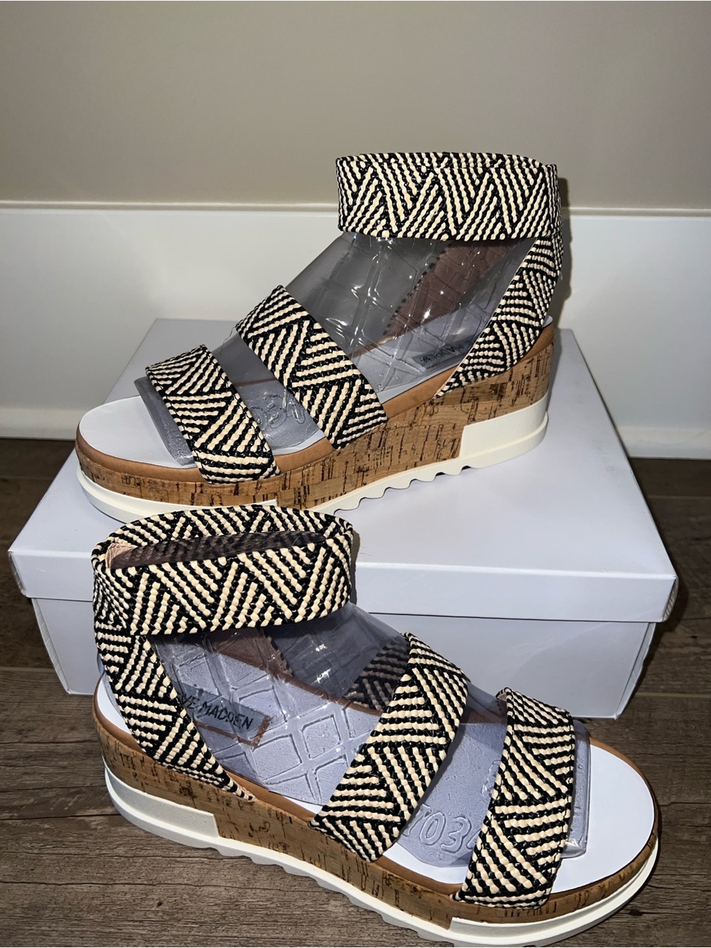 Steve Madden Black & Cream Striped Wedge Sandals